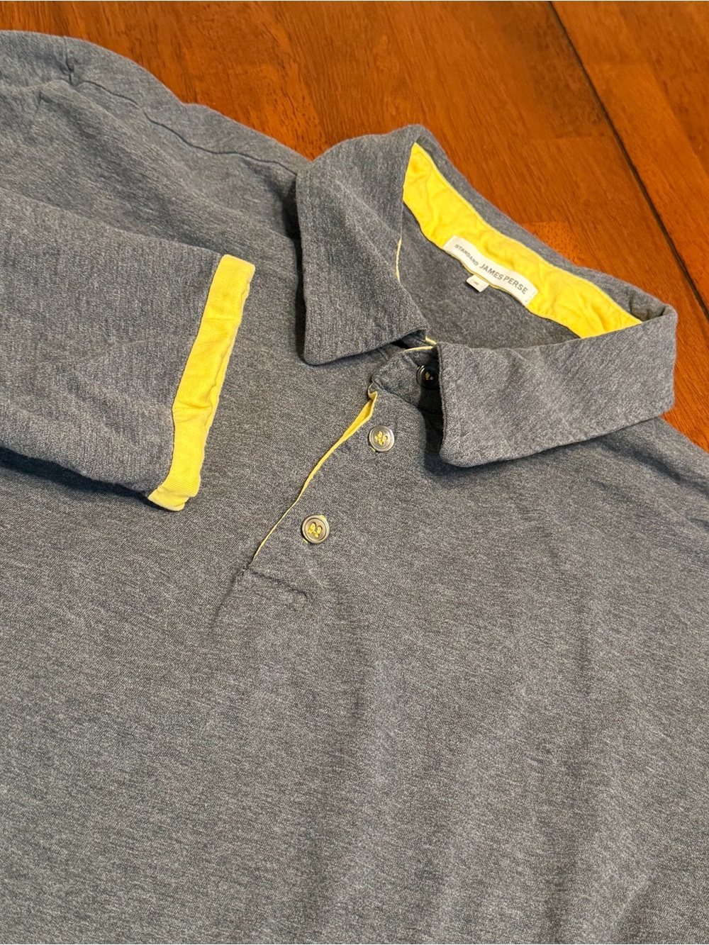 Standard James Perse Rugby Shirt Mens 2 (M) Gray Yellow Sueded Jersey Polo USA